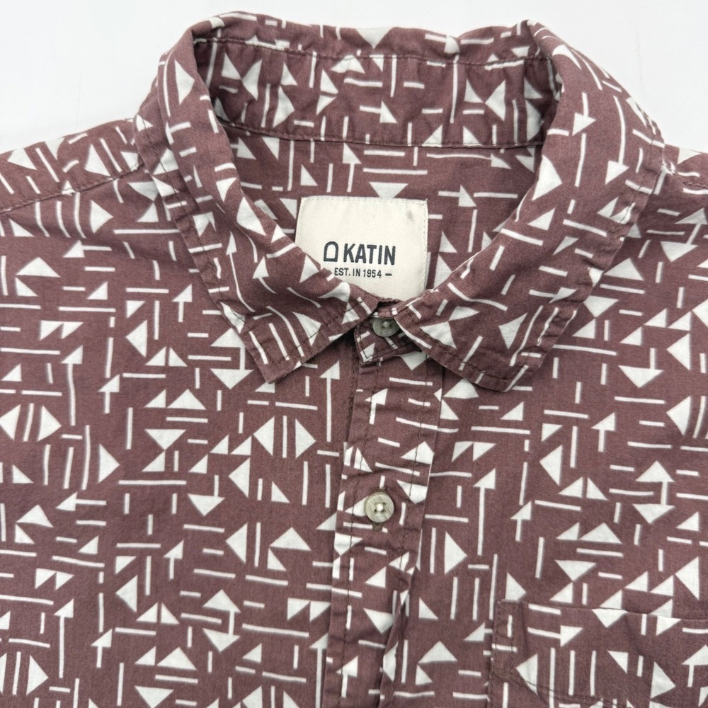 Katin Button Down Shirt Mens Large Burgundy Geometric Tribal Print Short Sleeve